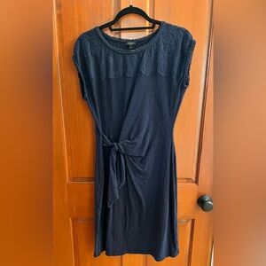 Talbots Navy Sleeveless Midi Dress with Lace Yoke and Tie Waist